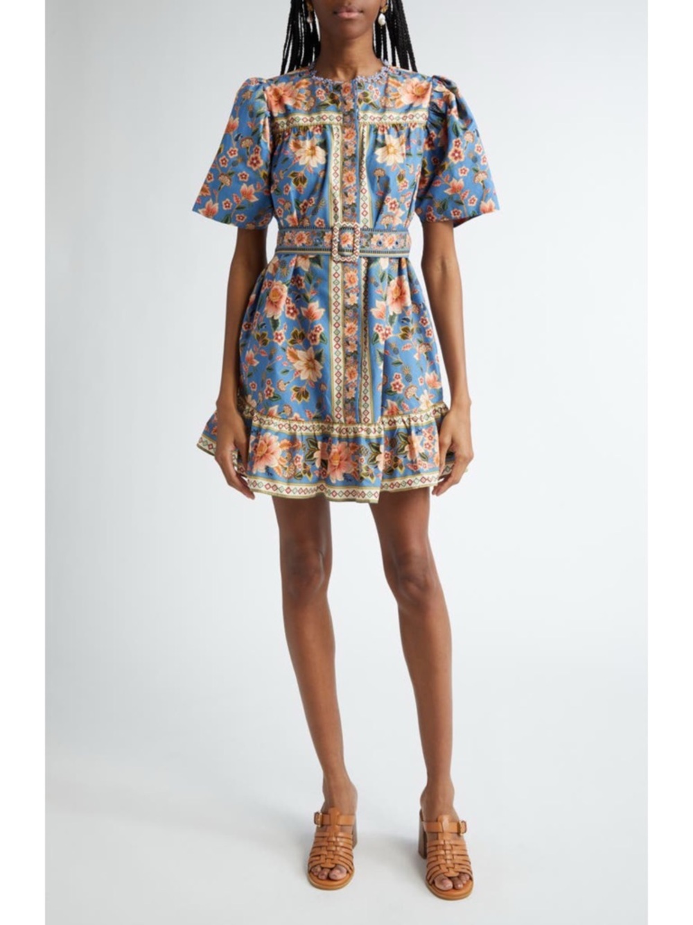 Farm Rio Superbloom Tapestry Organic Cotton Mini Dress Floral Blue Large NWT